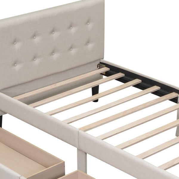 HomeRoots Beige Linen Twin Bed Frame with Integrated Storage Drawers for Modern Minimalist Bedrooms 606914