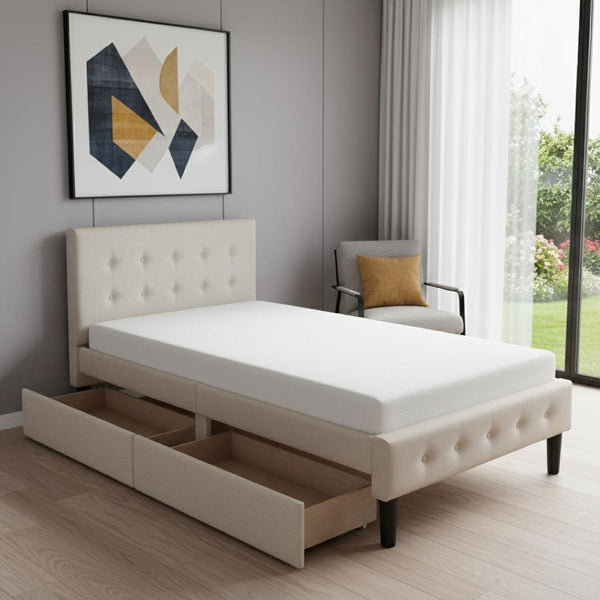 HomeRoots Beige Linen Twin Bed Frame with Integrated Storage Drawers for Modern Minimalist Bedrooms 606914