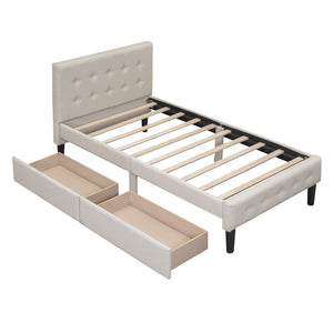 HomeRoots Beige Linen Twin Bed Frame with Integrated Storage Drawers for Modern Minimalist Bedrooms 606914