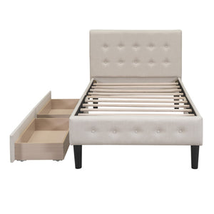 HomeRoots Beige Linen Twin Bed Frame with Integrated Storage Drawers for Modern Minimalist Bedrooms 606914