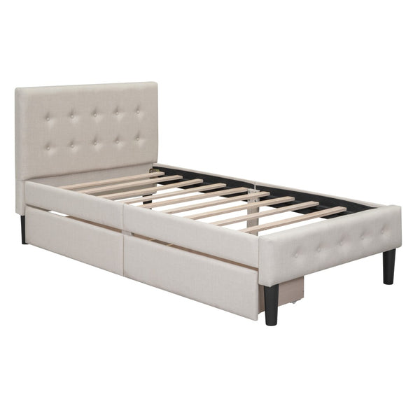 HomeRoots Beige Linen Twin Bed Frame with Integrated Storage Drawers for Modern Minimalist Bedrooms 606914