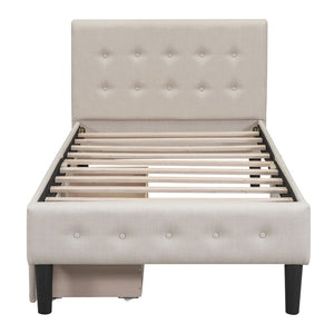HomeRoots Beige Linen Twin Bed Frame with Integrated Storage Drawers for Modern Minimalist Bedrooms 606914