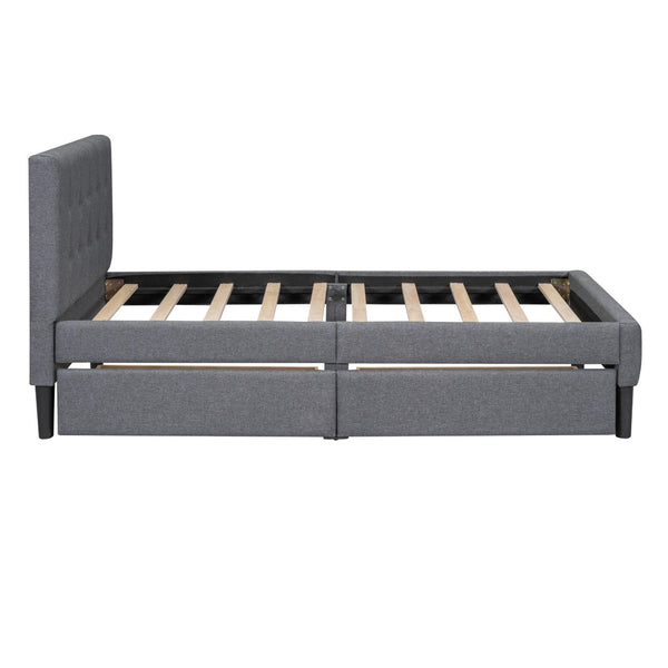 HomeRoots Gray Linen Upholstered Twin Bed Frame with Built-In Drawers for Stylish Storage & Comfort 606915