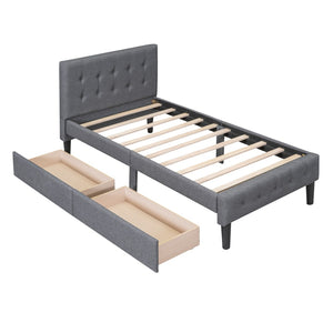 HomeRoots Gray Linen Upholstered Twin Bed Frame with Built-In Drawers for Stylish Storage & Comfort 606915