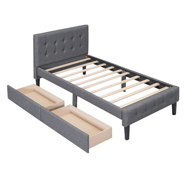 HomeRoots Gray Linen Upholstered Twin Bed Frame with Built-In Drawers for Stylish Storage & Comfort 606915