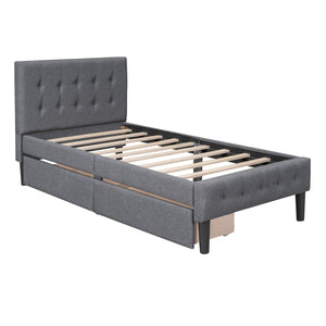 HomeRoots Gray Linen Upholstered Twin Bed Frame with Built-In Drawers for Stylish Storage & Comfort 606915