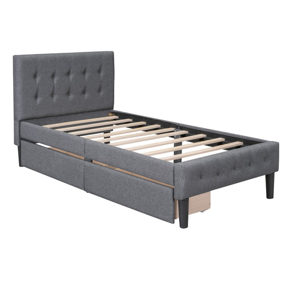 HomeRoots Gray Linen Upholstered Twin Bed Frame with Built-In Drawers for Stylish Storage & Comfort 606915