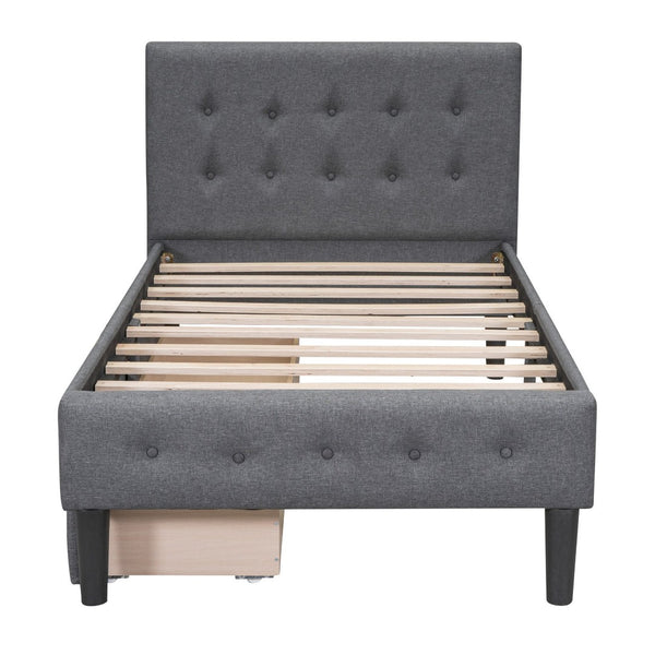 HomeRoots Gray Linen Upholstered Twin Bed Frame with Built-In Drawers for Stylish Storage & Comfort 606915