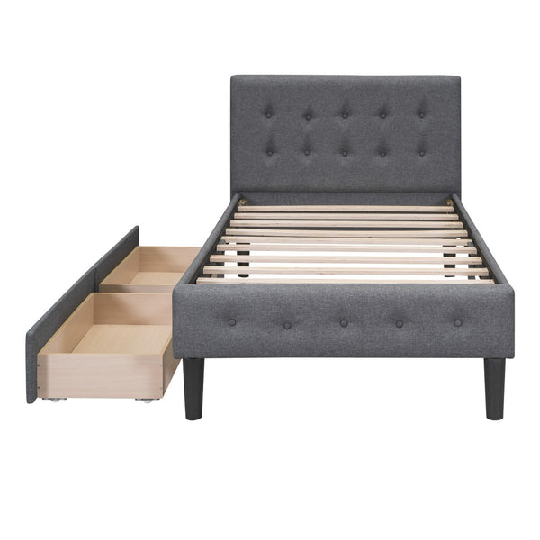 HomeRoots Gray Linen Upholstered Twin Bed Frame with Built-In Drawers for Stylish Storage & Comfort 606915