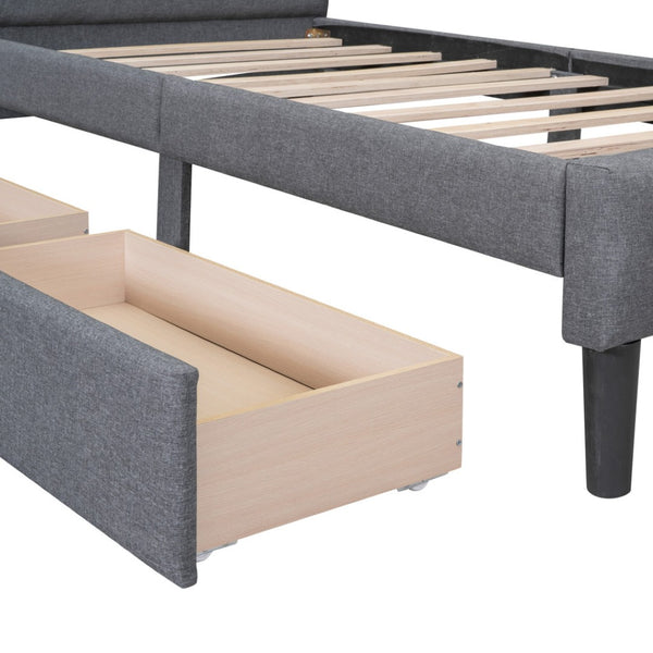 HomeRoots Gray Linen Upholstered Twin Bed Frame with Built-In Drawers for Stylish Storage & Comfort 606915