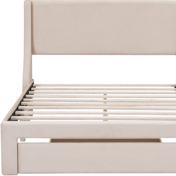HomeRoots Beige Velvet Upholstered Full Bed Frame with Storage Drawer for Stylish Bedroom Comfort & Support 606916