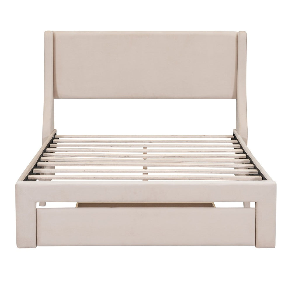 HomeRoots Beige Velvet Upholstered Full Bed Frame with Storage Drawer for Stylish Bedroom Comfort & Support 606916