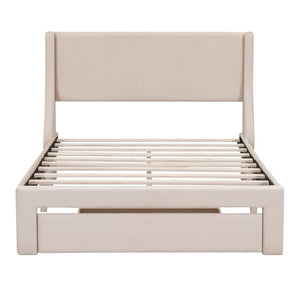 HomeRoots Beige Velvet Upholstered Full Bed Frame with Storage Drawer for Stylish Bedroom Comfort & Support 606916