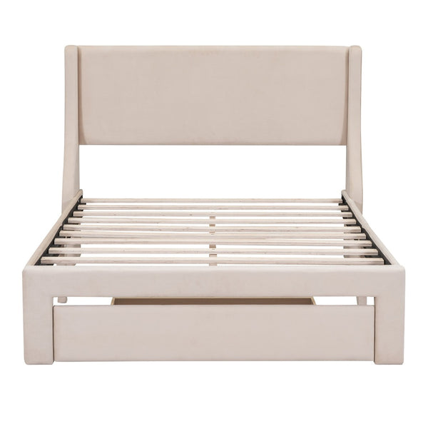 HomeRoots Beige Velvet Upholstered Full Bed Frame with Storage Drawer for Stylish Bedroom Comfort & Support 606916