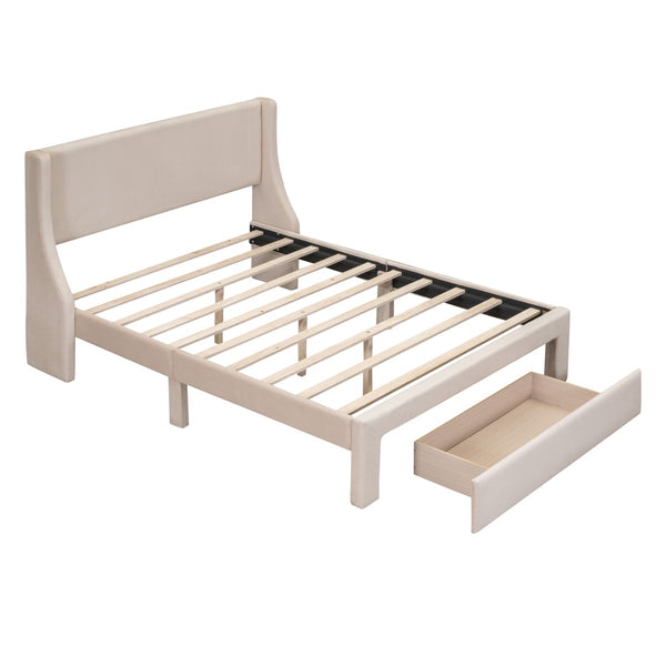 HomeRoots Beige Velvet Upholstered Full Bed Frame with Storage Drawer for Stylish Bedroom Comfort & Support 606916