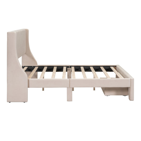 HomeRoots Beige Velvet Upholstered Full Bed Frame with Storage Drawer for Stylish Bedroom Comfort & Support 606916