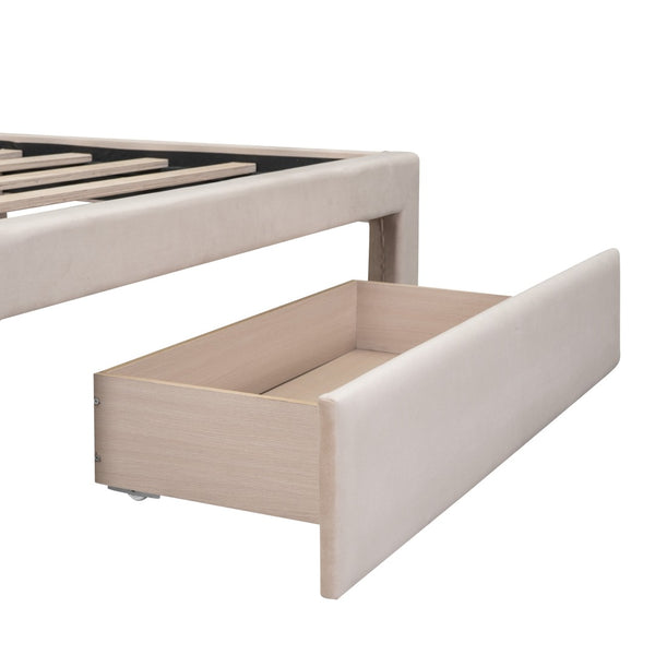 HomeRoots Beige Velvet Upholstered Full Bed Frame with Storage Drawer for Stylish Bedroom Comfort & Support 606916
