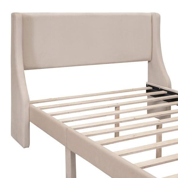 HomeRoots Beige Velvet Upholstered Full Bed Frame with Storage Drawer for Stylish Bedroom Comfort & Support 606916