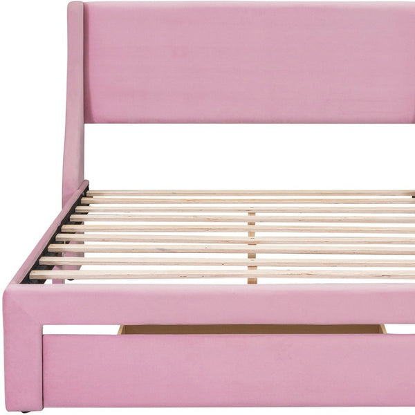 HomeRoots Pink Velvet Upholstered Full Bed Frame with Storage Drawer - Chic, Cozy Design for Elegant Bedrooms 606917