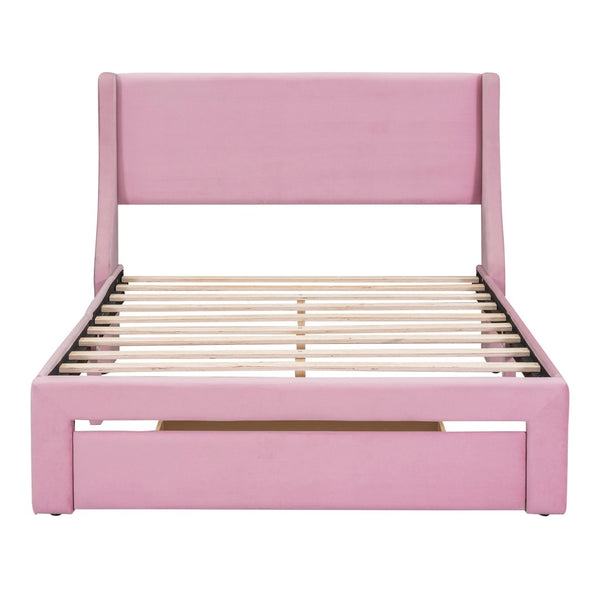 HomeRoots Pink Velvet Upholstered Full Bed Frame with Storage Drawer - Chic, Cozy Design for Elegant Bedrooms 606917
