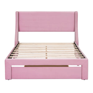 HomeRoots Pink Velvet Upholstered Full Bed Frame with Storage Drawer - Chic, Cozy Design for Elegant Bedrooms 606917