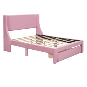 HomeRoots Pink Velvet Upholstered Full Bed Frame with Storage Drawer - Chic, Cozy Design for Elegant Bedrooms 606917