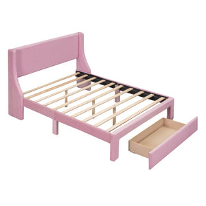 HomeRoots Pink Velvet Upholstered Full Bed Frame with Storage Drawer - Chic, Cozy Design for Elegant Bedrooms 606917