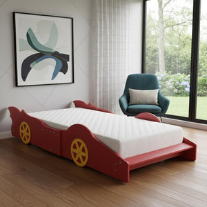 HomeRoots Red Wood Twin Bed Frame - Modern Low-Profile Design with Durable Construction for Small Spaces 606923