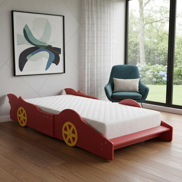 HomeRoots Red Wood Twin Bed Frame - Modern Low-Profile Design with Durable Construction for Small Spaces 606923