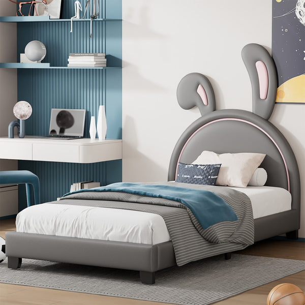 HomeRoots Gray Faux Leather Upholstered Twin Bed Frame - Modern Design, Cozy Comfort, and Durable Support 606924