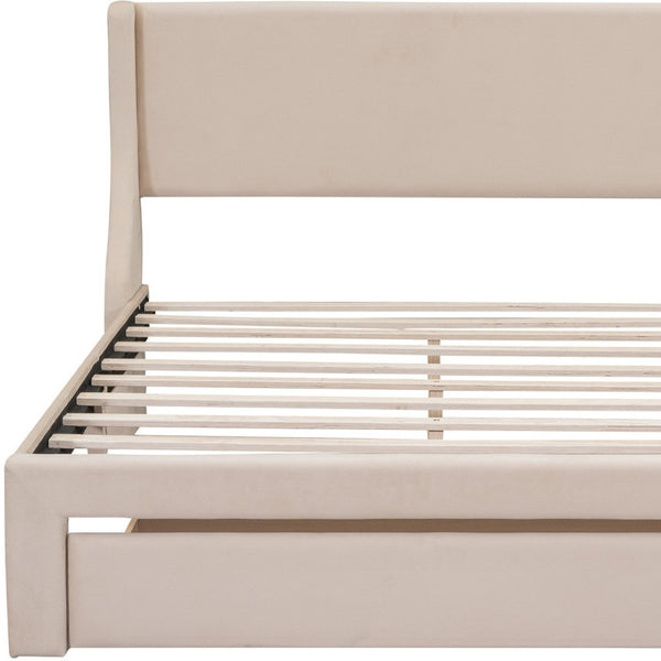 HomeRoots Beige Upholstered Queen Bed Frame with Tufted Design & Storage Drawer for a Cozy Bedroom Setup 606930