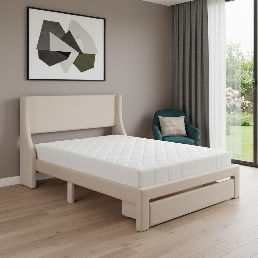 HomeRoots Beige Upholstered Queen Bed Frame with Tufted Design & Storage Drawer for a Cozy Bedroom Setup 606930