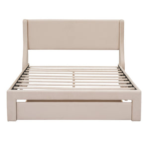 HomeRoots Beige Upholstered Queen Bed Frame with Tufted Design & Storage Drawer for a Cozy Bedroom Setup 606930