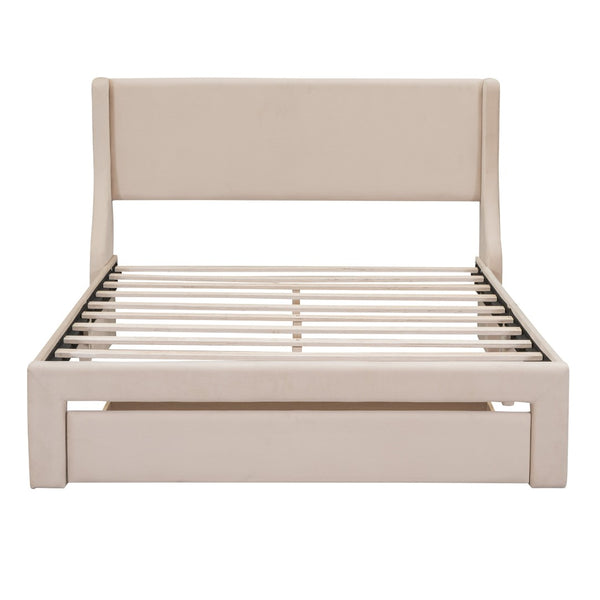 HomeRoots Beige Upholstered Queen Bed Frame with Tufted Design & Storage Drawer for a Cozy Bedroom Setup 606930