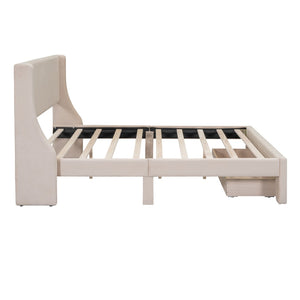 HomeRoots Beige Upholstered Queen Bed Frame with Tufted Design & Storage Drawer for a Cozy Bedroom Setup 606930