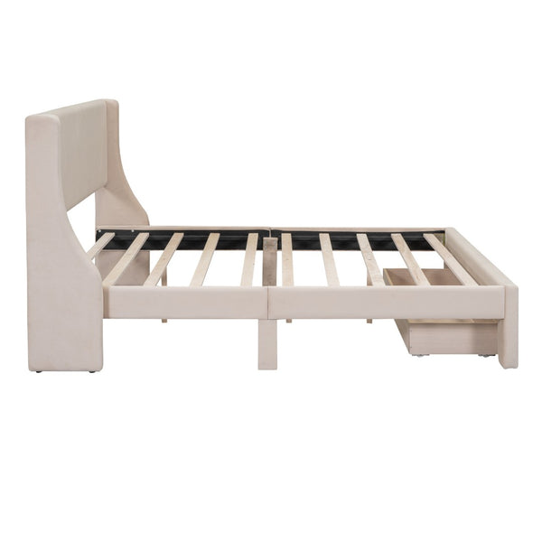 HomeRoots Beige Upholstered Queen Bed Frame with Tufted Design & Storage Drawer for a Cozy Bedroom Setup 606930