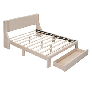 HomeRoots Beige Upholstered Queen Bed Frame with Tufted Design & Storage Drawer for a Cozy Bedroom Setup 606930