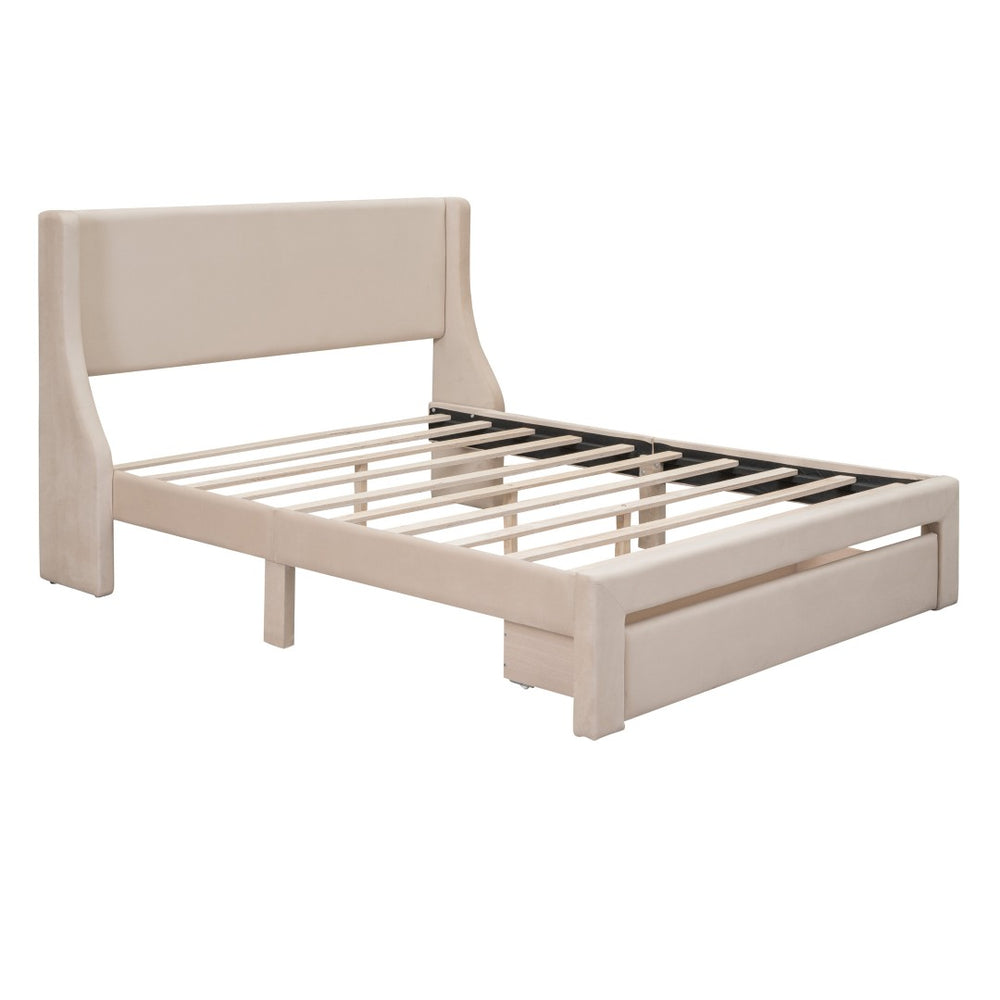 HomeRoots Beige Upholstered Queen Bed Frame with Tufted Design & Storage Drawer for a Cozy Bedroom Setup 606930