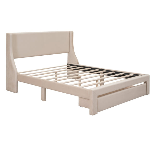 HomeRoots Beige Upholstered Queen Bed Frame with Tufted Design & Storage Drawer for a Cozy Bedroom Setup 606930