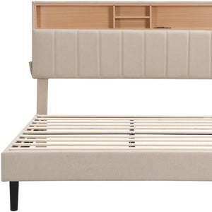HomeRoots Beige Tufted Linen Full Bed Frame - Elegant Design with Built-in USB Port for Convenient Charging 606943
