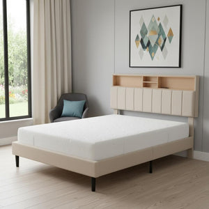 HomeRoots Beige Tufted Linen Full Bed Frame - Elegant Design with Built-in USB Port for Convenient Charging 606943