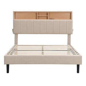 HomeRoots Beige Tufted Linen Full Bed Frame - Elegant Design with Built-in USB Port for Convenient Charging 606943