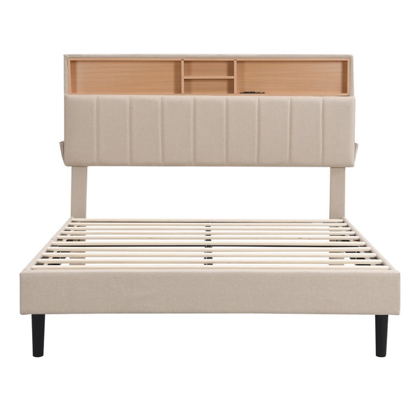HomeRoots Beige Tufted Linen Full Bed Frame - Elegant Design with Built-in USB Port for Convenient Charging 606943