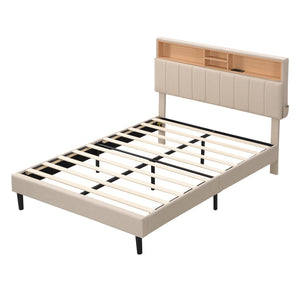 HomeRoots Beige Tufted Linen Full Bed Frame - Elegant Design with Built-in USB Port for Convenient Charging 606943