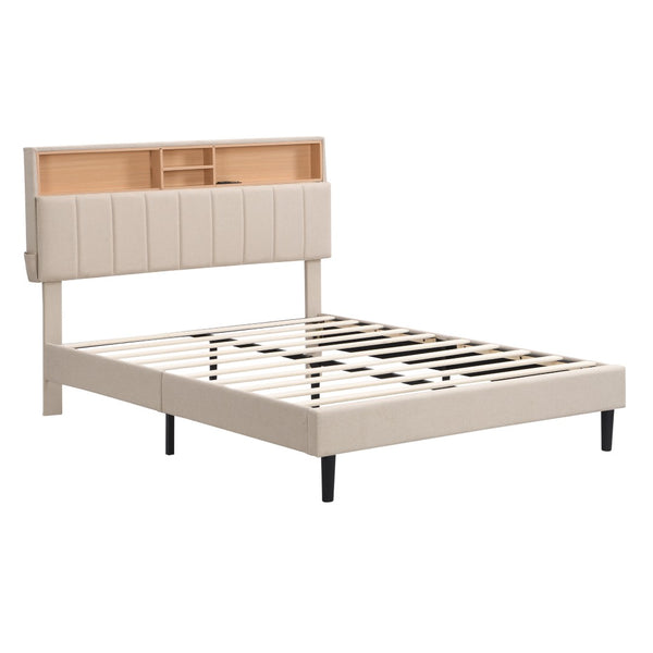 HomeRoots Beige Tufted Linen Full Bed Frame - Elegant Design with Built-in USB Port for Convenient Charging 606943