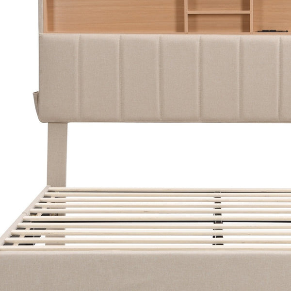 HomeRoots Beige Tufted Linen Full Bed Frame - Elegant Design with Built-in USB Port for Convenient Charging 606943