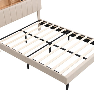 HomeRoots Beige Tufted Linen Full Bed Frame - Elegant Design with Built-in USB Port for Convenient Charging 606943
