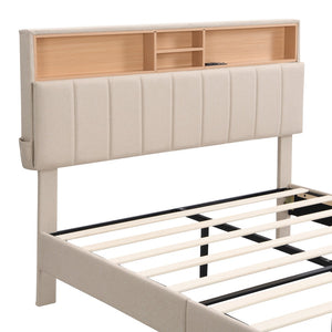 HomeRoots Beige Tufted Linen Full Bed Frame - Elegant Design with Built-in USB Port for Convenient Charging 606943