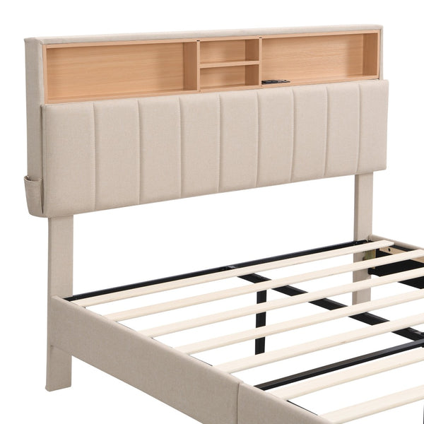 HomeRoots Beige Tufted Linen Full Bed Frame - Elegant Design with Built-in USB Port for Convenient Charging 606943