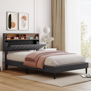 HomeRoots Gray Linen Upholstered Full Bed Frame - Modern Design, Durable Comfort & Stylish Support for Sleepers 606944